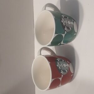 Starbucks Red Circle Dot & Green Circle Dot Pair 14 oz Ceramic Cup Logo Mugs